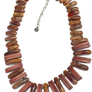 VTG 90s Talbots Tortoise+Wood Statement Necklace 18-22L Acrylic Gold Tone Beads